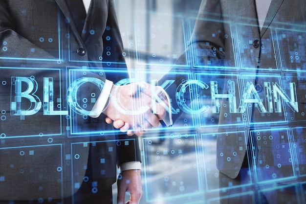 two businessmen in suits shaking hands with blockchain graphics overlay.